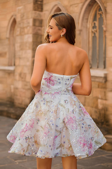 Pink A-Line Floral Strapless Homecoming Dress with Sequins